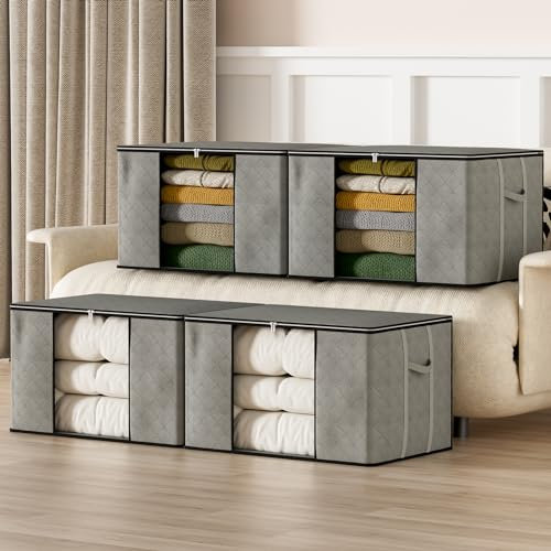 4 Piezas Bolsas de Almacenamiento Grandes Cajas Almacenaje Ropa: 90L Bolsas Para Guardar Ropa Plegables con Asas Duraderas para Manta Edredones Sábanas Almohadas Organizador Armario Ropa (Gris)