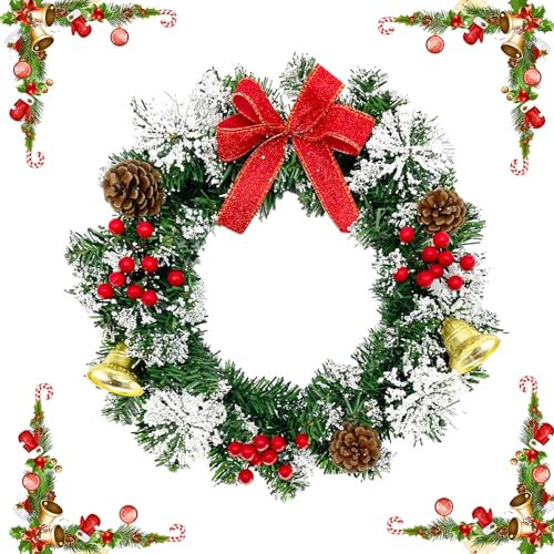 CYIOU Weihnachtskranz Natürliche Tannenzapfen und Künstliche Beeren Weihnachten Kranz Mit Bogen und Glocken Weihnachtsdeko Türkranz für Tür Fenster Schmücken(30cm/11.8in)