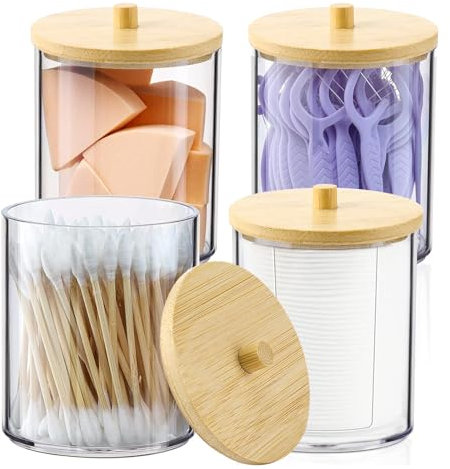 Miiepls 4 Pezzi Contenitore Cotton Fioc, Porta Batuffoli Cotone, Porta Cotone Dischetti Plastica Trasparente con Coperchio, Ideale per Organizzare Batuffoli Cotone, Spugnette Trucco