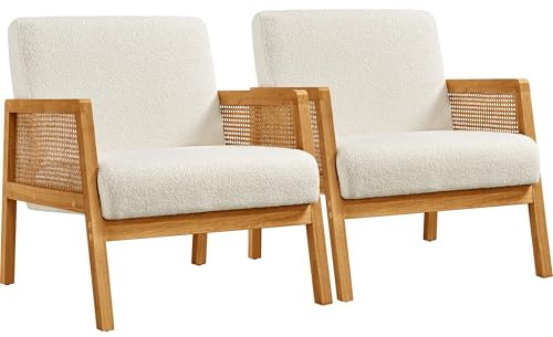Yaheetech Boucle Fabric Accent Chair, Vintage Rattan Vanity Chair with Wood Armrest and Legs for Living Room Bedroom Makeup Room, Ivory, 2 pcs