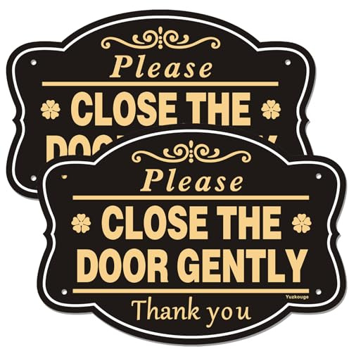 Yuzkouge 2 Pack Please Close The Door Gently Sign, 10” x 7” Rust Free Aluminum Door Sign, Weatherproof, Fade Resistant, Easy Mounting., Black & Gold