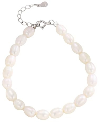 Hmzidz Pulsera Mujer con Perlas de Agua Dulce,Brazalete Niña Plata de Ley 925,Pulsera de Cadena de Irregulares Perlas Barrocas,Bonitas Bisuteria Pulseras Regalo para Mama y Abuela,Ajustable