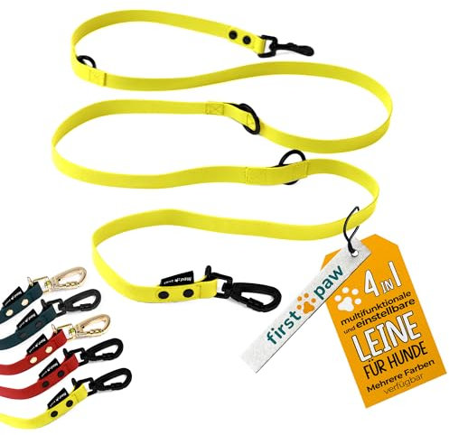 FIRSTPAW Wasserdichte Hundeleine - Trainingsleine 2m für Klein, Mittelgroße und Große Hunde - Gelbe Doppelleine für 2 Hunde - Multifunktionelle und Verstellbare Leine
