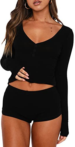 WangsCanis Women 2 Piece Ribbed Knit Pajama Set Long Sleeve Button Down Crop Top with Shorts Lounge Pj Set Sleepwear (121 Black, M)