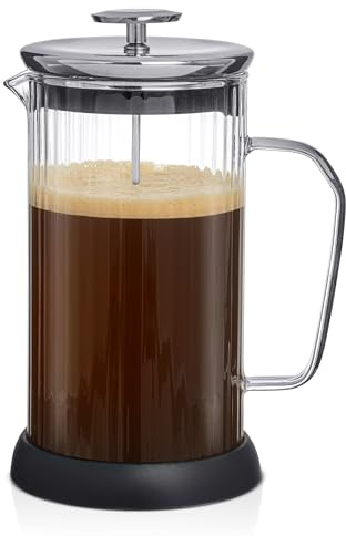 JoyJolt Fluted French Press Coffee and Tea Maker Set, 33.8oz Stainless Steel Press, Borosilicate Glass Coffee Press, Cold Brew Portable French Press, Tea Press, Large, clear