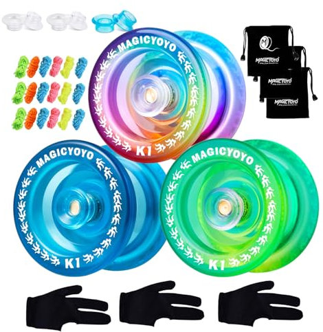Reaktionsfähiges JoJo für Kinder, 3er Pack Kinder Jojos K1 Set, Tricks JoJo mit JoJo Hubstacks für Finger Spin Tricks + 3 JoJo Taschen + 18 JoJo Schnüre + 3 JoJo Koffer (Blau +Lila +Blau Rosa Gelb)