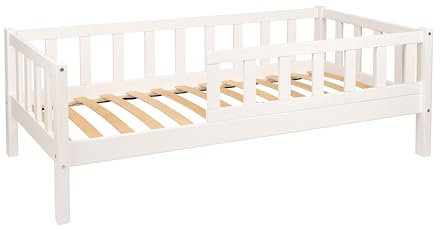 Alije Kinderbett Bett mit Rausfallschutz 90x160 Weiß Leo Lattenrost Bettgestell aus Kiefer Holz für Haus Kinder Jungen & Mädchen - Holzbett Baby Kinderzimmer Junge Deko