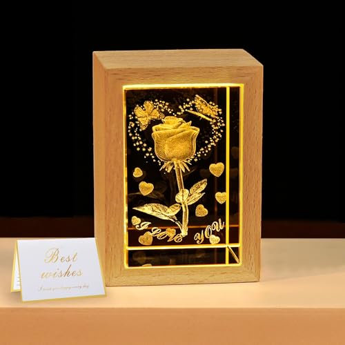 Christmas Gifts I Love You Birthday Rose Crystal Gifts, Engraved 3D Rose Butterfly in Cube Glass Figurines with Wooden LED Light Base, Anniversary, Birthday Valentines Gift for Couple Mother Day