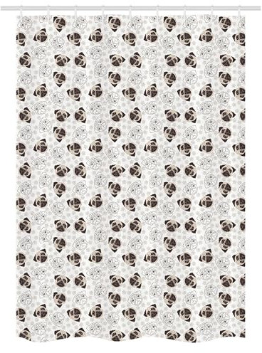 ABAKUHAUS Hundeliebhaber Schmaler Duschvorhang, Spuren Mops Portraits, Badezimmer Deko Set aus Stoff mit Haken, 120 x 180 cm, Beige Brown Tan