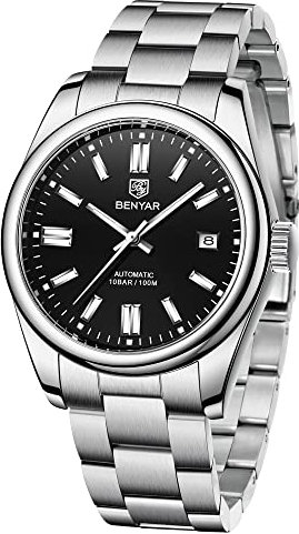BENYAR 5185 Herren Automatikuhr Edelstahlband Wasserdicht Leuchtend Casual Business Sport Analog Selbstaufzug Armbanduhr Datum, Schwarz, Klassisch