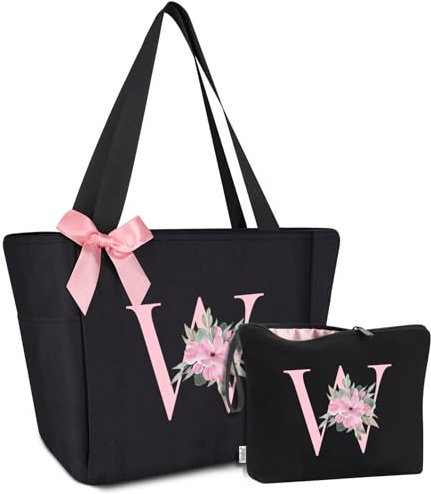 Vavabox Borsa tote personalizzata con iniziali dalla A alla Z, regalo impermeabile per donne, damigelle, mamma, insegnanti, amici (W, Nero 2 Pezzi)