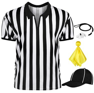 FancyFun Schiedsrichterhemd für Herren, schwarz-weiß gestreift, Schiedsrichtertrikot, Reißverschluss, Kragen, Schiedsrichterhemd für Herren, Hut, Strafflagge und Edelstahlpfeife mit Umhängeband, für