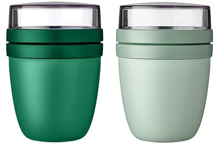 Mepal Ellipse Mixed Lunchpot Vivid Green + Nordic Sage Cereal Cup to Go Division for Yoghurt & Cereal 500 ml + 200 ml Suitable for Freezer, Microwave and Dishwasher