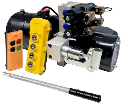 Flowfit Paquete de energía hidráulica de doble acción de 24 V CC, 2 kW con tanque de acero de 5 L, bomba de mano de respaldo y control remoto inalámbrico