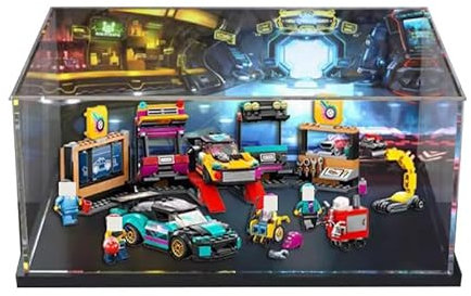 HCAEIOFJ Lego City 60389 Vitrine en acrylique transparent pour voiture, garage, boîte de présentation de jouets, cadeau (vitrine uniquement) (fond noir + fond)