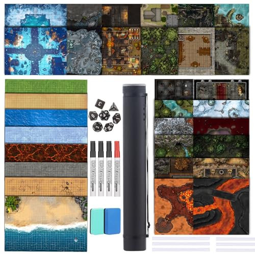 sabermaster DND Map 32 Terrain 61 x 91,4 cm, 43,2 x 43,2 cm, 33 x 43,2 cm, doppelseitig, trocken abwischbar, Kampfmatten für Dungeons & Dragons, Spiel mit Würfel-Set, Clips, Radiergummi, Markern