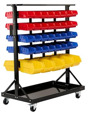 The Workplace Depot Mobile Bin Storage Trolley – Louvred Panel Rack with 74 Colour-Coded Bins – Industrial Steel Frame, Locking Castors – Perfect for Garages & Factories