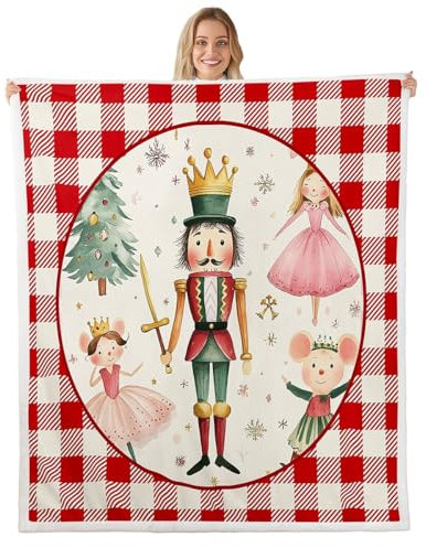 Homewish Couverture Noël 130x150cm Casse-Noisette Plaid Canape Adulte Noël Rouge À Carreaux, Couverture Polaire Princesse Souris Soldat, Jetés de Lit Flocon de Neige Pin de Noël