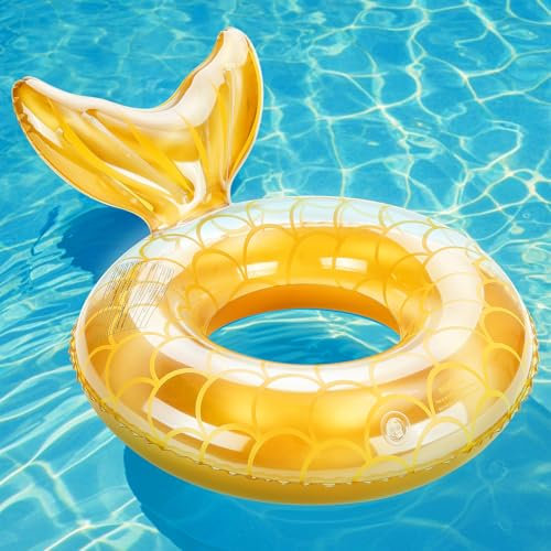 MoKo Aufblasbarer Schwimmring, Kinder Meerjungfrau Schwimmreifen Wasserspielring, Niedliche 58 cm Luftmatratze Pool Spielzeug Wasserspielzeug für Sandstrand Schwimmbad Draußen Kinder, Golden