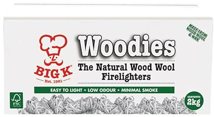 Big K Products Eco-Friendly, Easy, Quick Lighting Woodies Natural Wood Wool Firelighters, Great Value Box FLBOXWOOD-AMZ-2PK, For Wood Burners, BBQ & Open Fires - Two, Large Boxes