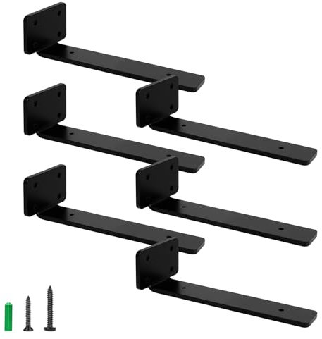 JYiuog Lot de 6 supports d'étagère, flottants, invisibles, en L, pour montage mural, noir, 20 cm (4 mm d'épaisseur)