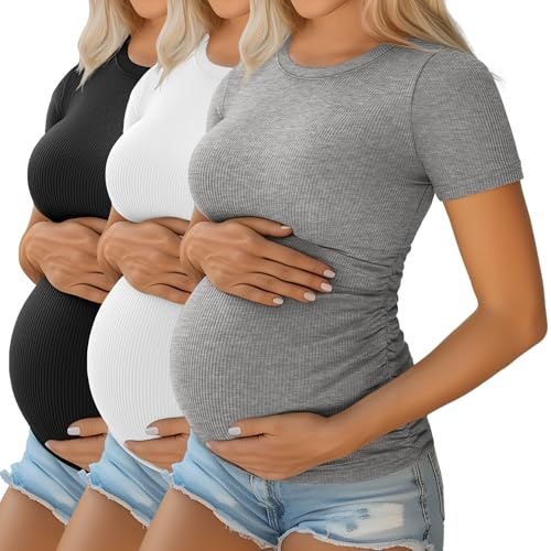 Ficerd Pack de 3 Chemises de Grossesse | En Coton, Manches Courtes, Tissu Raye, Plisse Lateral, Ete, Pour Futures Mamans, Travail, Decontracte
