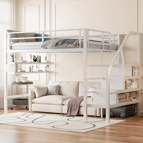 MOBETTRES Hochbett, 140 * 200cm, Einlegeböden, Stauraumleiter, Freiraum unter dem Bett zum Verkleiden, Geländer, ohne Matratze (Weiß)