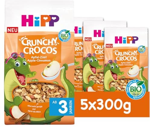 HiPP Bio Crunchy Crocos Apfel-Zimt Müesli (5 x 300g), Kinder Frühstücksmüsli, Knuspermüsli mit getrockneten Äpfeln und Zimt, mit Tapiokasirup gesüßt, ab 3 Jahren