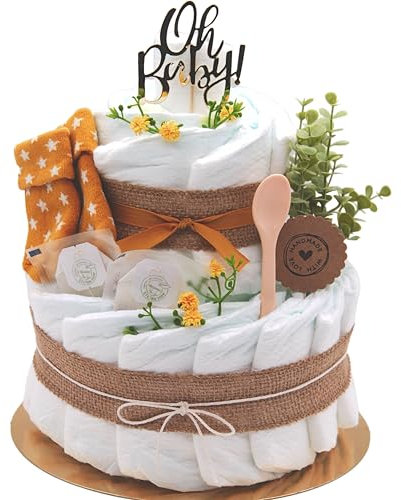 Trend Mama | Boho Windeltorte – 27 Windeln (Gr. 2), Babytee, Breilöffel, Babysocken – Jute-Look mit „Oh Baby“ Stecker – Handgemachtes Geschenk zur Geburt – Babyshower Geschenk für Mädchen & Jungen