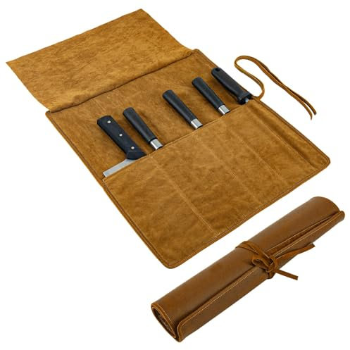 Adfuenom Borsa portacoltelli in vera pelle, coltello da cucina, coltello portatile con 5 scomparti, borsa per coltelli da cucina, rotolo per coltelli per campeggio, escursioni, regalo per uomini e