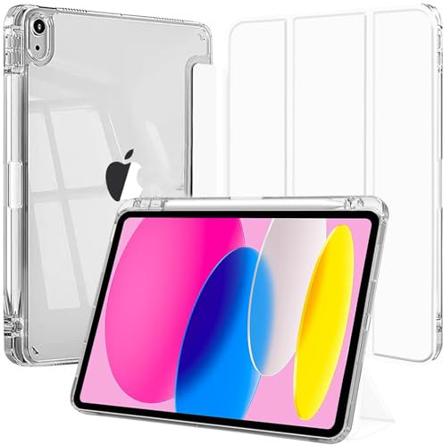 EspZanthic Funda para iPad (A16) 11.ª/10.ª Generación (2025/2022) con Portalápiz y Suave TPU Bumper, Clara Transparente Carcasa Trasera Soporte Antigolpes Cover Tableta, Blanco