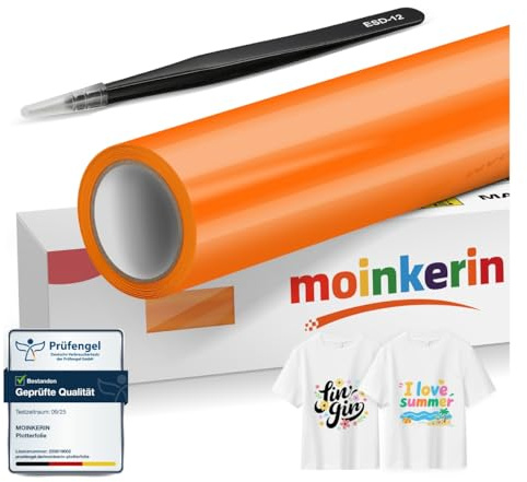 moinkerin Plotterfolie Textil Orange mit Pinzette 30,5x400cm | Haftstark & Waschbeständig für Kleidungs-DIY, T-Shirt, Hüte, Andere Stoffe | Iron On Folie für Schneidemaschinen