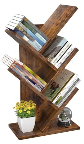iSunirm 5-Tier Tree Bookshelf, Floor Standing Bookcase, Modern Wood Book Shelf for Bedroom, Living Room, Home Office, 38x20x77cm,Brown