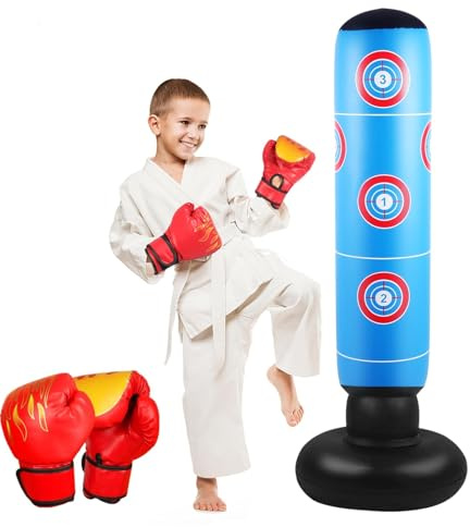 iFunLong Inflatable Kids Punching Bag, 160CM Stable Boxing Bag with Boxing Gloves,Gifts for Boys & Girls Age 6-12, for Practicing Karate, Taekwondo, MMA
