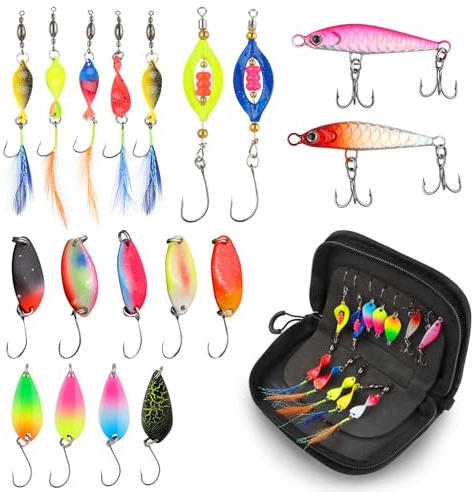 Juego de 18 señuelos para trucha cebos para trucha en 4 tipos diferentes - spoons clásicos, twist spoons double twist spoons y señuelos duros con efecto UV y reflectante Cucharillas de Pesca con bolsa