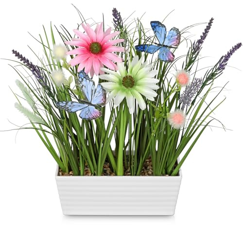 Oairse Flores Artificiales de Lavanda con Mariposa Plantas Artificiales de Plástico Decoración de Flores de Lavanda para Decoración del Hogar Arreglos de Boda Salón Decoración de Mesa Decoración