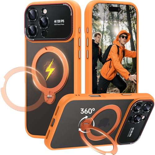 Peerock 360° Drehbarer Magnetischer Ständer für iPhone 16 Pro Hülle [Pro-Version Kameraschutz] [16FT Militärschutz] Stoßfeste Kratzfeste Handyhülle Transluzente Matt Case 6,3, Orange