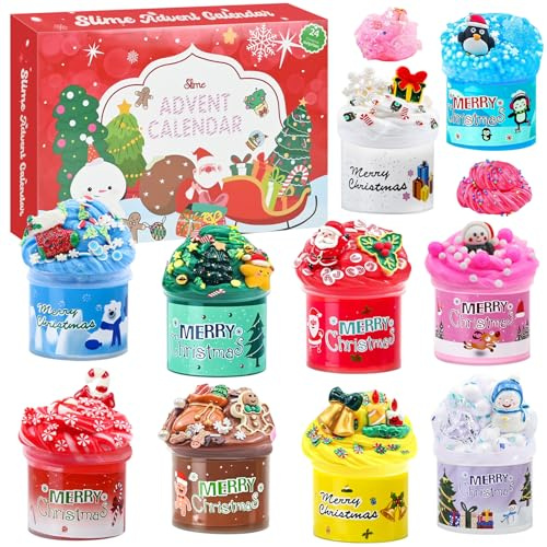 PATEMZON Schleim Adventskalender für Mädchen Jungen, DIY Fluffy Slime Kinder 24 Tage Weihnachten Countdown, Schleim Spiele Niedlichem Weihnachtszubehör, Weihnachten Überraschungen Geschenk (Noël)