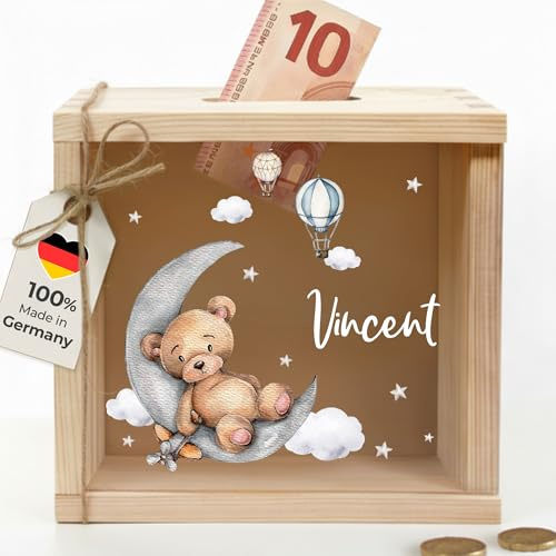 Little-Deco Spardose, Geldkassette, Sparbox, Geld sparen, Sparschwein Kinder, personalisierte Geschenke Kinder, personalisierte Spardose, Holzspardose, Taufgeschenke, Geschenk zur Geburt, 15x15cm