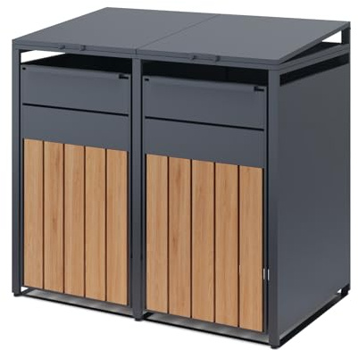 OMERAI Double Wheelie Bin Storage for 60-240 L,Weather-Resistant Outdoor Garden Bin Hideaway with Assisted Lift Lid Easy Use,Powder-Coated Steel Anthracite with Walnut Brown Doors