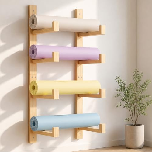 Loscarol Wandhalterung für Yogamatten aus Holz, 2 Teile Aufbewahrungsregal | Aufbewahrung und Organizer für Fitnessgeräte, für Fitnessbänder, Faszienrollen, Springseile, Trainingsgeräte, Yogamatten