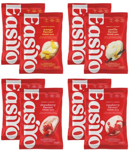 EasiYo Yogurt Confezione Mista da 8 Buste | 2x Fragola, 2x Lampone, 2x Mango, 2x Vaniglia | Ogni Busta Prepara 1kg | Yogurt Fatto in Casa | Senza Glutine e Vegetariano