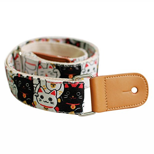 Music First Ukulele-Umhängeband Original-Design Vintage-Stil „Fortune Cats (Maneki Neko)“ weiche Baumwolle und echtes Leder