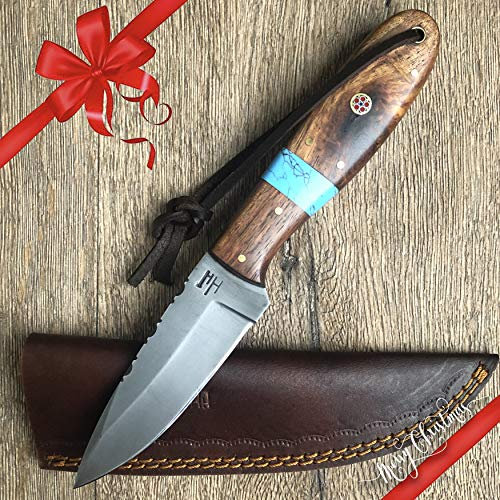 Hobby Hut HH-410, 22.86 cm 52100 Edelstahl Buschraft Jagdmesser mit Scheide | Holz und Türkis Griff | Lederscheide | Full Tang, Fixed Blade | Rasiermesserscharfe Klinge