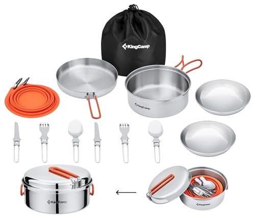 KingCamp Set de Casseroles et Poêles pour Camping en Acier Inoxydable 17 Pièces Camping Ustensiles Ultraléger Kit de Casseroles Camping Cuisine pour Randonnée Pique-Nique Pêche pour 2 Personnes