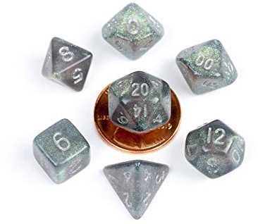 Set di mini dadi grigi con numeri argentati