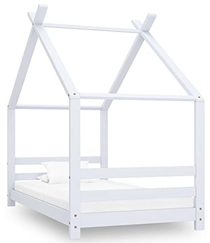 vidaXL Kiefernholz Massiv Kinder Bettgestell Kinderbett Hausbett Bett Holzbett Kinderhaus Spielbett Lattenrost Kinderzimmer Weiß 80x160cm