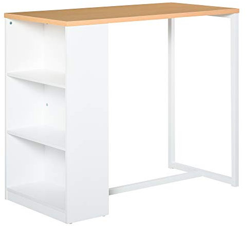 HOMCOM Mesa Alta de Cocina Mesa de Bar con 3 Estantes Estructura de Metal Antivuelco Carga 100 kg para Comedor 115x55x100 cm Blanco y Roble