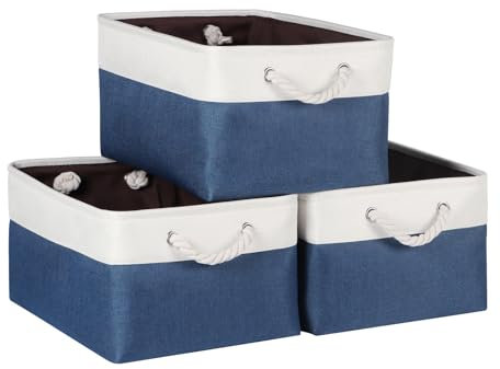 Syeeiex Fabric Rectangular Storage Basket, Large Fabric Storage Basket for Organizing Home Office, Foldable Rectangular Storage Box with Thick Handles Bedroom, Blue, 3 Pack