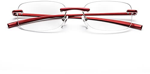 ZUVGEES Randlos Metall Blaulichtfilter Lesebrille für Herren und Damen mit Federscharnier Lightweight Anti-blaue Computerbrille (Rot, 2.50)